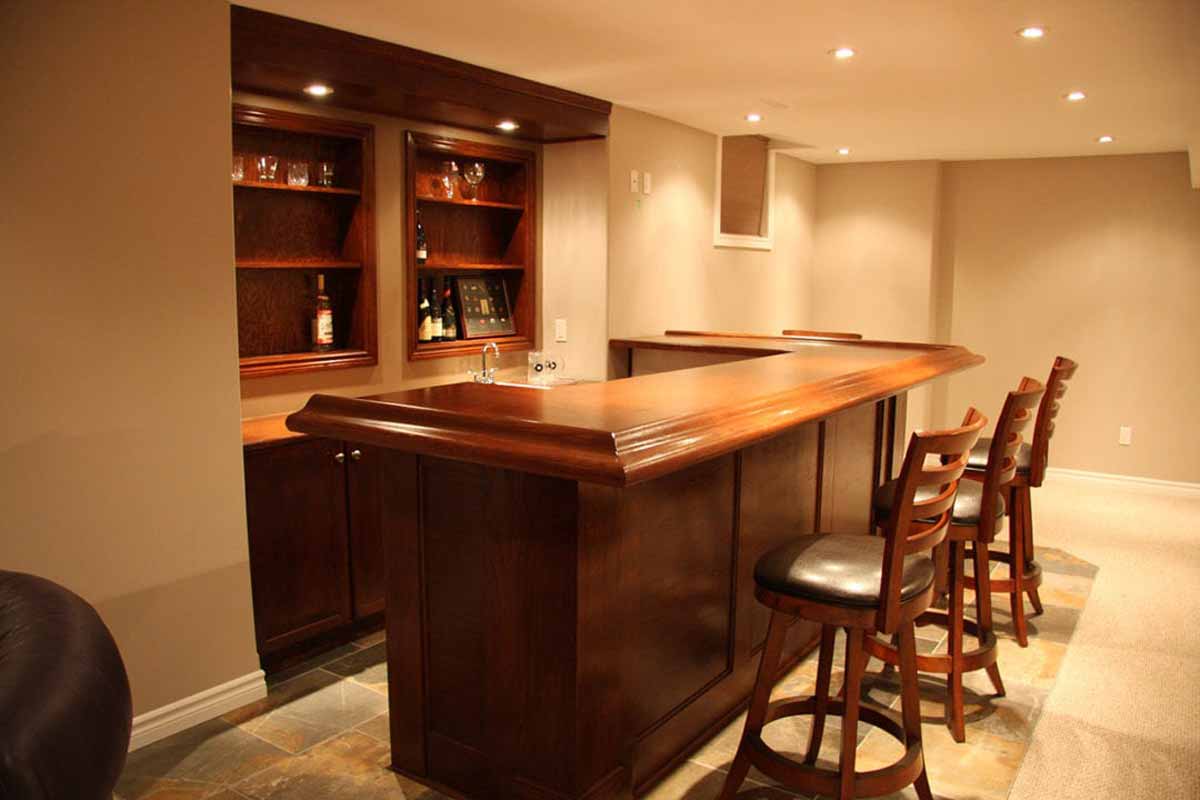Renovated basement with custom bar area